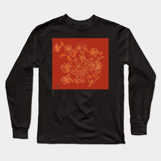 Flowers and Vines in Red Long Sleeve T-Shirt by CATiltedArt